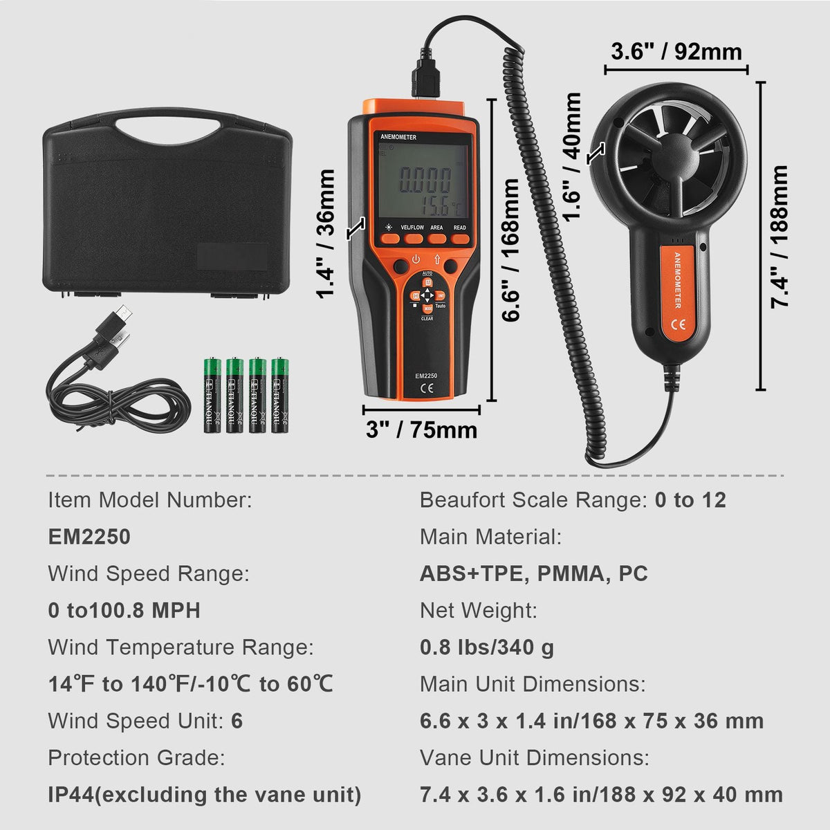 Portable Anemometer Split Design, Temp Range 14-140Fahrenheit, LED Screen Digital Air Speed & Temperature Meter, Wind Chill & Velocity Measurement, Ideal for Sailing, Surfing, Flying, HVAC
