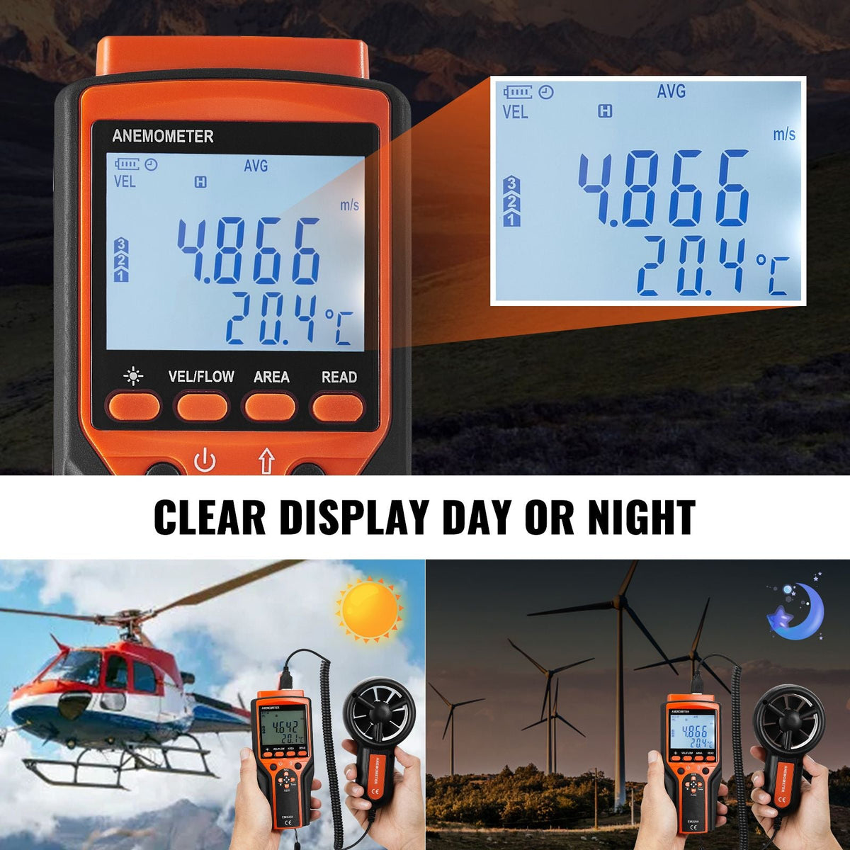 Portable Anemometer Split Design, Temp Range 14-140Fahrenheit, LED Screen Digital Air Speed & Temperature Meter, Wind Chill & Velocity Measurement, Ideal for Sailing, Surfing, Flying, HVAC