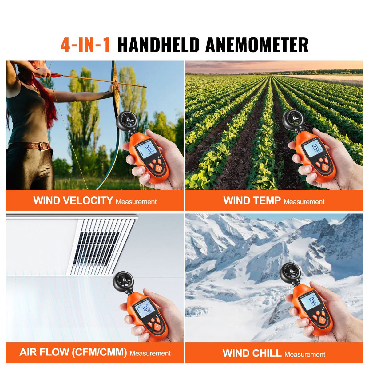 Portable Anemometer, Temperature Range 14 Fahrenheit-113 Fahrenheit, Equipped with LED Backlit Display, Captures Wind Speed, Temperature, Air Volume, and Chill Factor