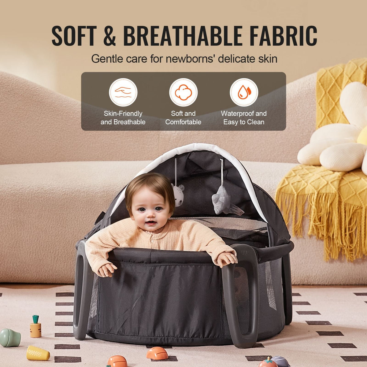 Portable Baby Bassinet, On-The-Go Baby Dome with Canopy & Developmental Toys, Quick-Folding Travel Crib, Lightweight Baby Cradle Infant Bed for Indoors/Outdoors, Suitable for 0-6 Months Newborns