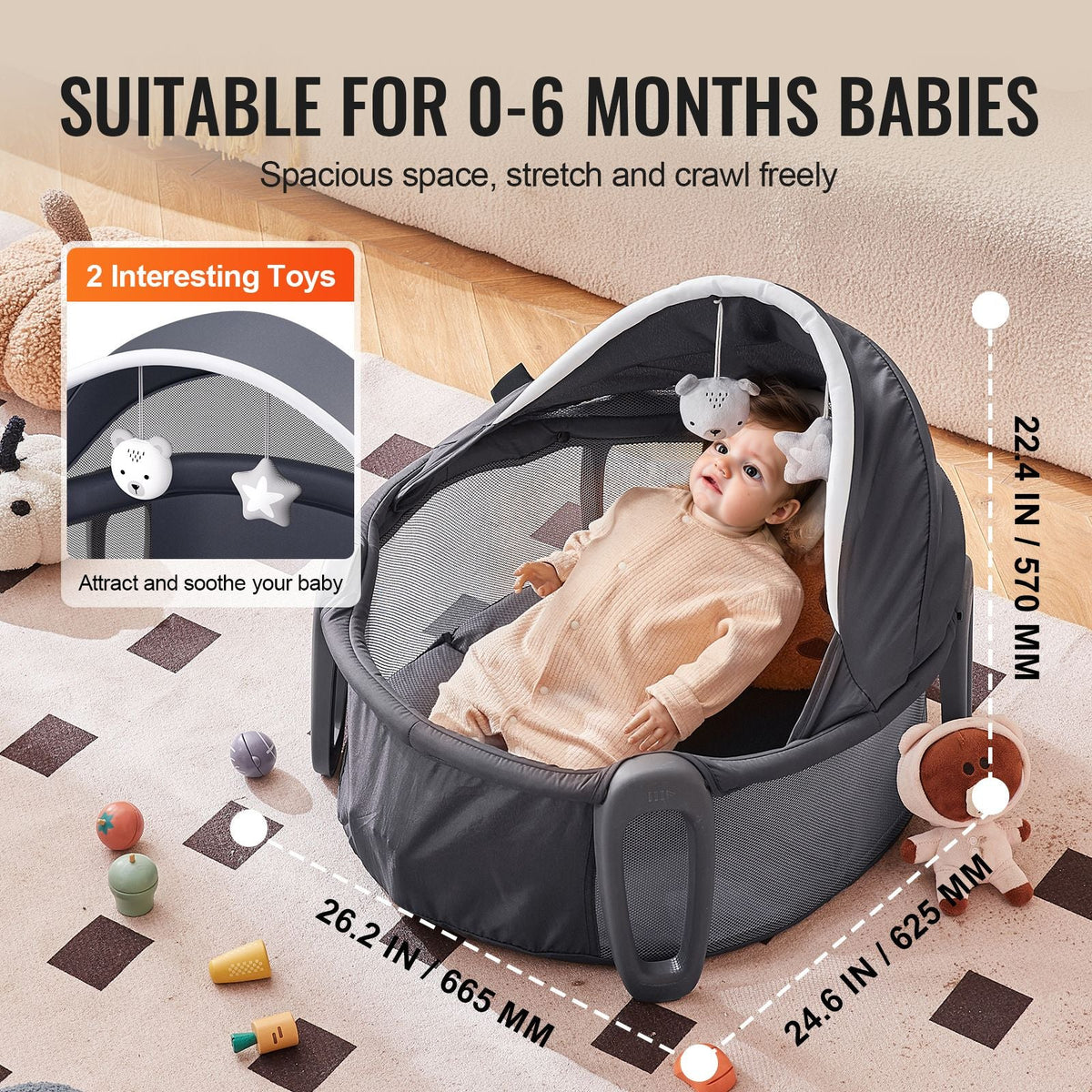 Portable Baby Bassinet, On-The-Go Baby Dome with Canopy & Developmental Toys, Quick-Folding Travel Crib, Lightweight Baby Cradle Infant Bed for Indoors/Outdoors, Suitable for 0-6 Months Newborns