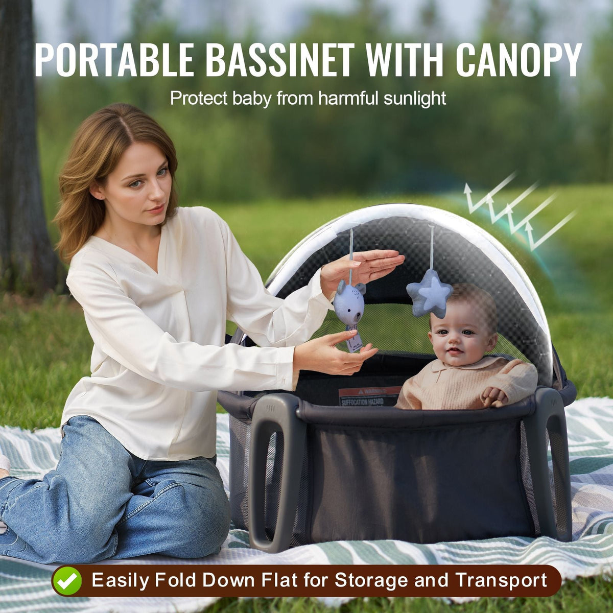 Portable Baby Bassinet, On-The-Go Baby Dome with Canopy & Developmental Toys, Quick-Folding Travel Crib, Lightweight Baby Cradle Infant Bed for Indoors/Outdoors, Suitable for 0-6 Months Newborns