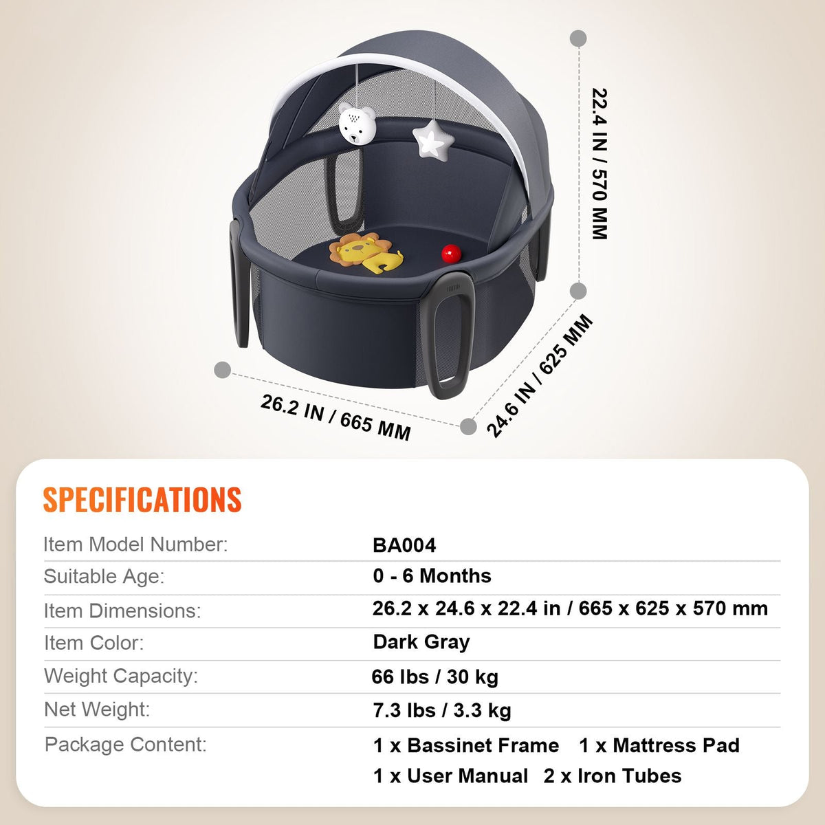 Portable Baby Bassinet, On-The-Go Baby Dome with Canopy & Developmental Toys, Quick-Folding Travel Crib, Lightweight Baby Cradle Infant Bed for Indoors/Outdoors, Suitable for 0-6 Months Newborns