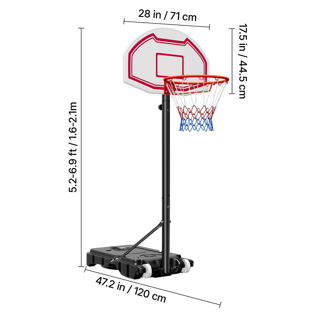 Portable Basketball Stand, 5.2 to 6.9 ft Height Adjustment Basketball Hoop & Goal, Kids Adjustable Basketballs Hoop with Nylon Net & Rolling Wheels, Portable Backboard Set for Patios, Poolside