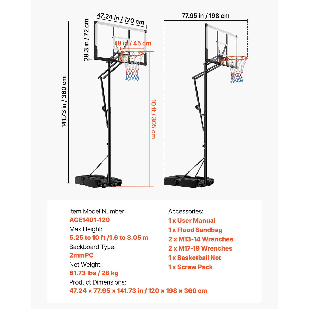 Portable Basketball Stand, 5.25 to 10 ft Height Adjustment Basketball Hoop & Goal, Portable Basketballs Hoop with 48 inch PC Backboard & Wheels for Kids, Teens, Adults in Driveways, Pools
