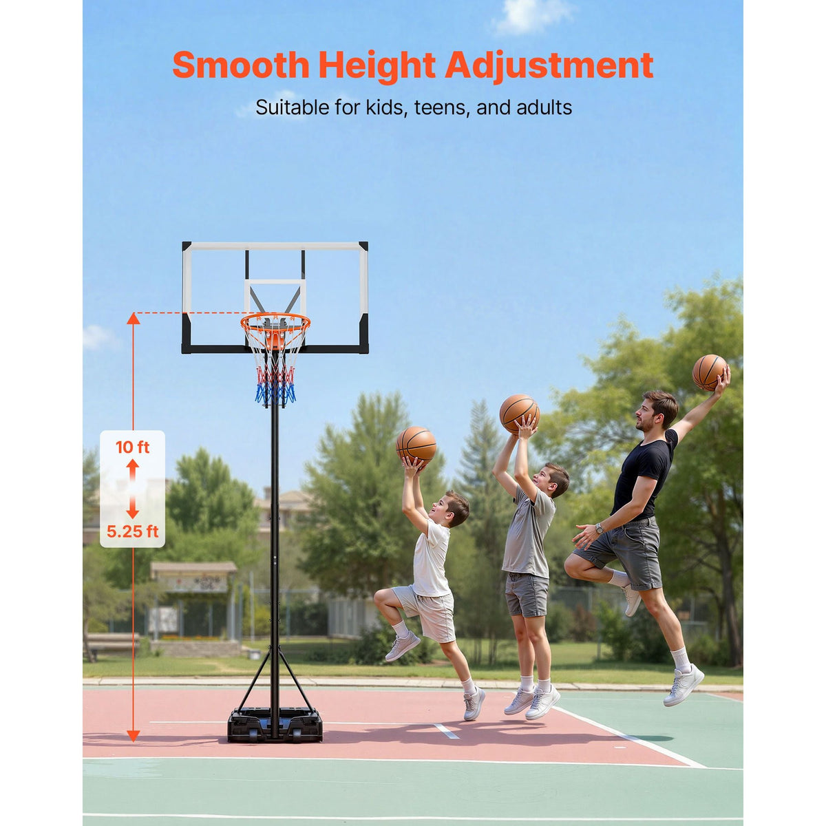 Portable Basketball Stand, 5.25 to 10 ft Height Adjustment Basketball Hoop & Goal, Portable Basketballs Hoop with 48 inch PC Backboard & Wheels for Kids, Teens, Adults in Driveways, Pools