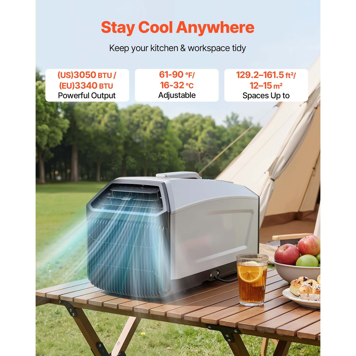 Portable Camping Air Conditioner 3050 BTU, Tent AC Unit with Hose, Remote & Touch Control, 61–90°F Adjustable, 150 m³/h High Airflow, Low Noise, Ideal for Tent. RV, Outdoor Cooling, Dark Grey