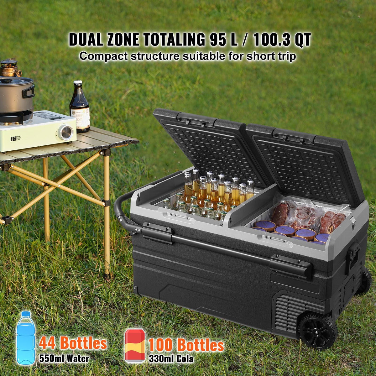 Portable Car Freezer, 100 Quart Portable Refrigerator Freezer, 95L Dual Storage Zone Camping Freezer, -4 - F 12 Volt Fridge Freezer, Car Freezer for Car and Home Use, DC 12/24V, AC 100-240V