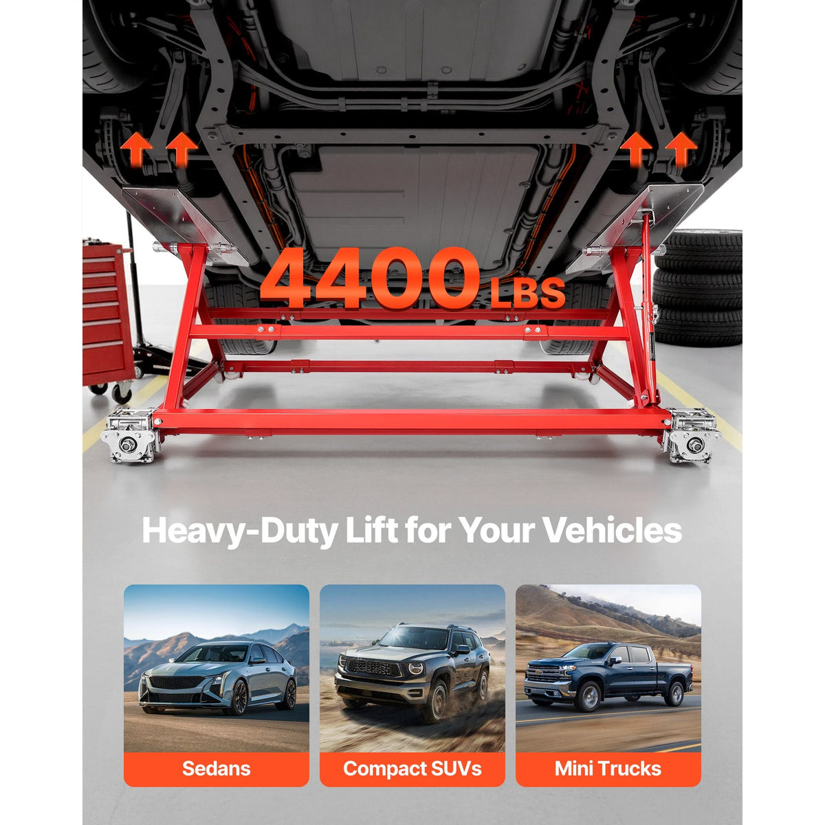 Portable Car Lift, 4400 lbs Capacity, Heavy Duty Steel Quick Lift with 23" Max Height, Adjustable Width and Wheels, Manual Lifting for Cars, Compact SUVs, Mini Trucks, Home Garage or Shop Use
