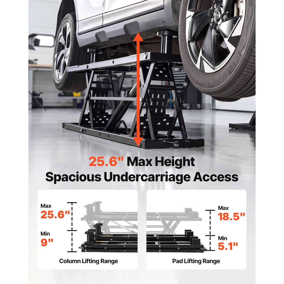 Portable Car Lift, 5000 lbs Capacity, Heavy Duty Quick Lift with 25.6" Max Height, Pneumatic Pump, Wheels, 4 Rubber Pads & 4 Lifting Columns for Cars, Compact SUVs, Mini Trucks, Garage or Shop