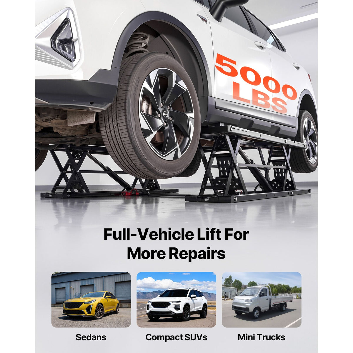 Portable Car Lift, 5000 lbs Capacity, Heavy Duty Quick Lift with 25.6" Max Height, Pneumatic Pump, Wheels, 4 Rubber Pads & 4 Lifting Columns for Cars, Compact SUVs, Mini Trucks, Garage or Shop