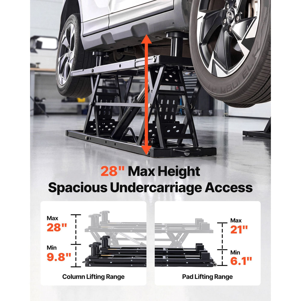 Portable Car Lift, 9000 lbs Capacity, Heavy Duty Steel Truck Lift with 28" Max Height, 120V Power Unit, Wheels, 4 Rubber Pads & 4 Lifting Columns for Cars, SUVs, Trucks, Home Garage or Shop Use