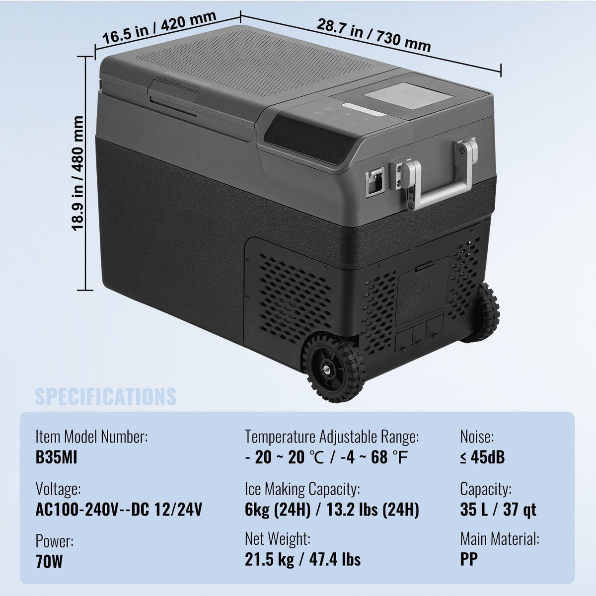Portable Car Refrigerator, with Ice Making Function, 12 Volt Car Refrigerator Fridge, 37 QT Single Zone Portable Freezer, -4 to 68 F Adjustable Temperature, with Casters for Camping, Car, RV