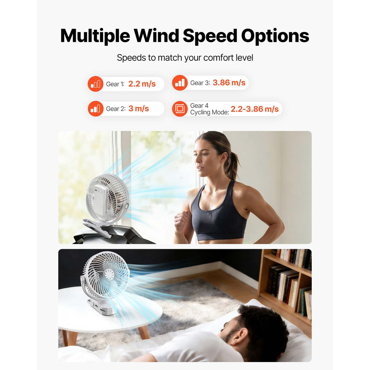 Portable Clip Fan, Rechargeable Clip On Fan, USB Port with 3 Speeds & Circulation Mode, Strong Airflow Sturdy Clamp, Long Runtime for Desk, Golf Cart, Outdoor Camping Treadmill, Office, White
