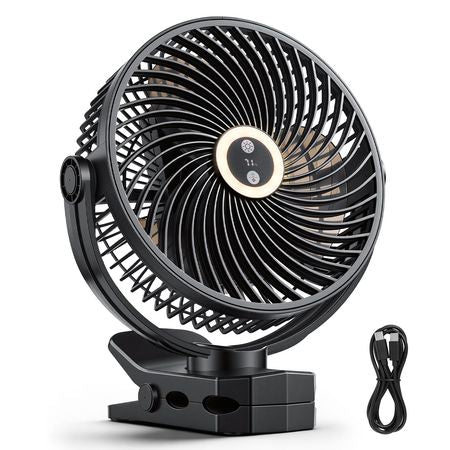 Portable Clip Fan, Rechargeable Clip On Fan with Light, USB Port with 3 Speeds & Circulation Mode, Strong Airflow Sturdy Clamp, Long Runtime for Desk, Golf Cart,Outdoor Camping Treadmill,Black
