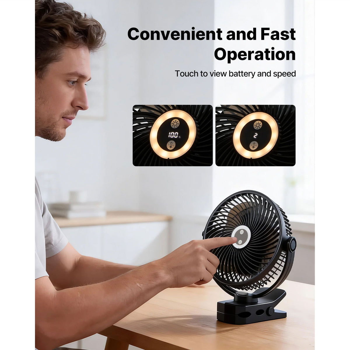 Portable Clip Fan, Rechargeable Clip On Fan with Light, USB Port with 3 Speeds & Circulation Mode, Strong Airflow Sturdy Clamp, Long Runtime for Desk, Golf Cart,Outdoor Camping Treadmill,Black