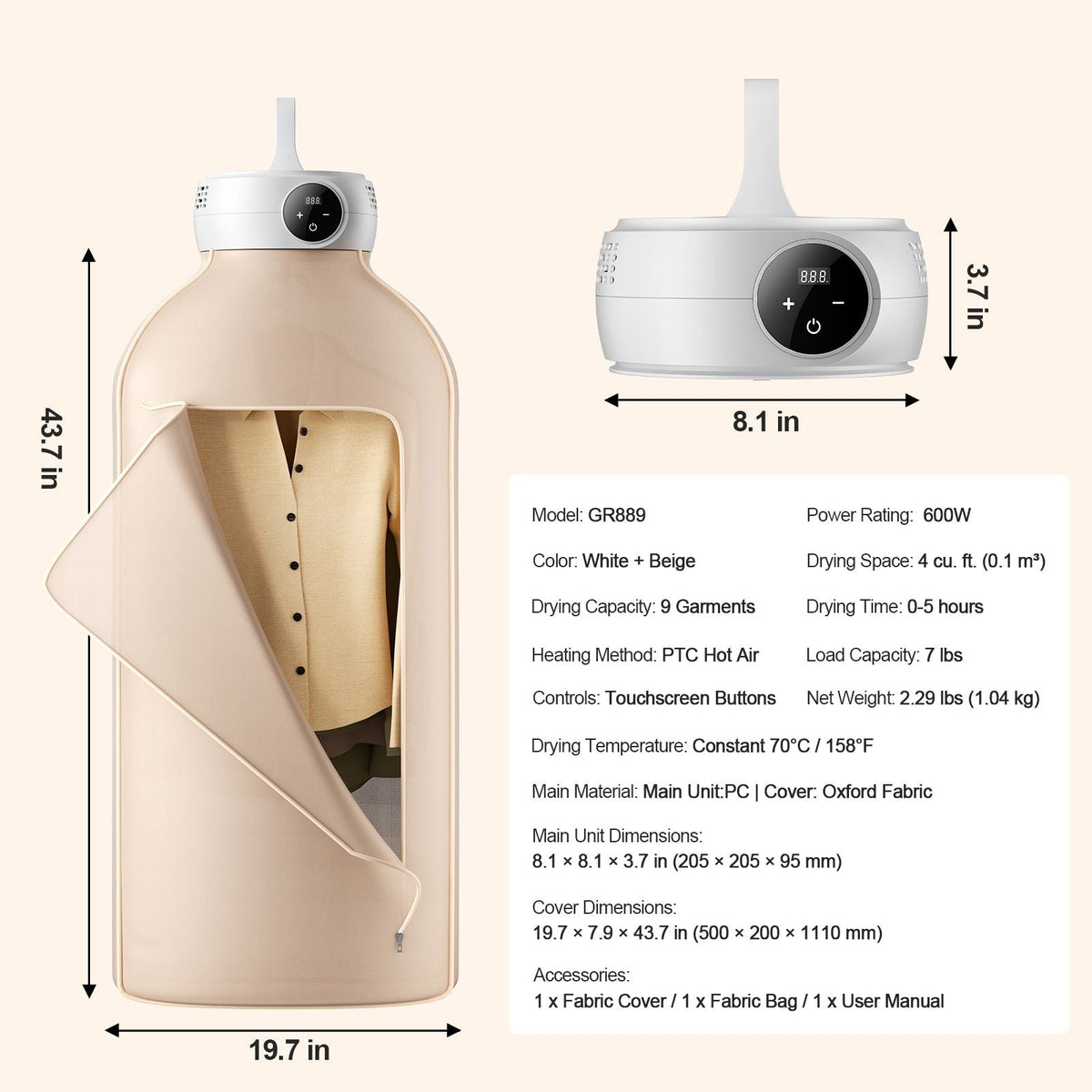 Portable Clothes Dryer, Clothes Dryer with Dryer Bag, PTC Heating & LED Display, Foldable Mini Dryer with 5-H Timer for Apartments, Dorms, RVs, or Hotels, 600W, Beige