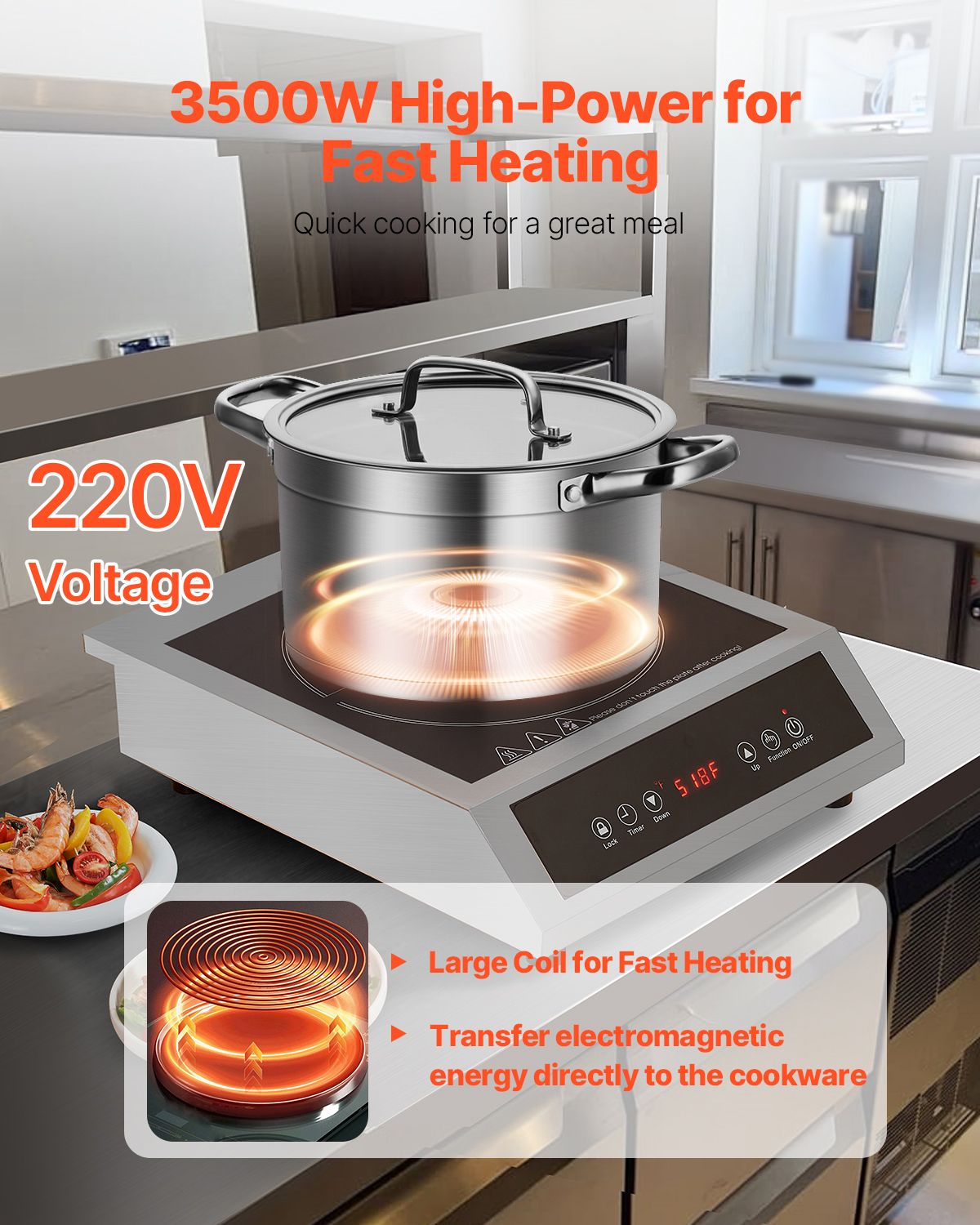 Portable Commercial Induction Cooktop 3500W Countertop Burner 11 Temp Levels