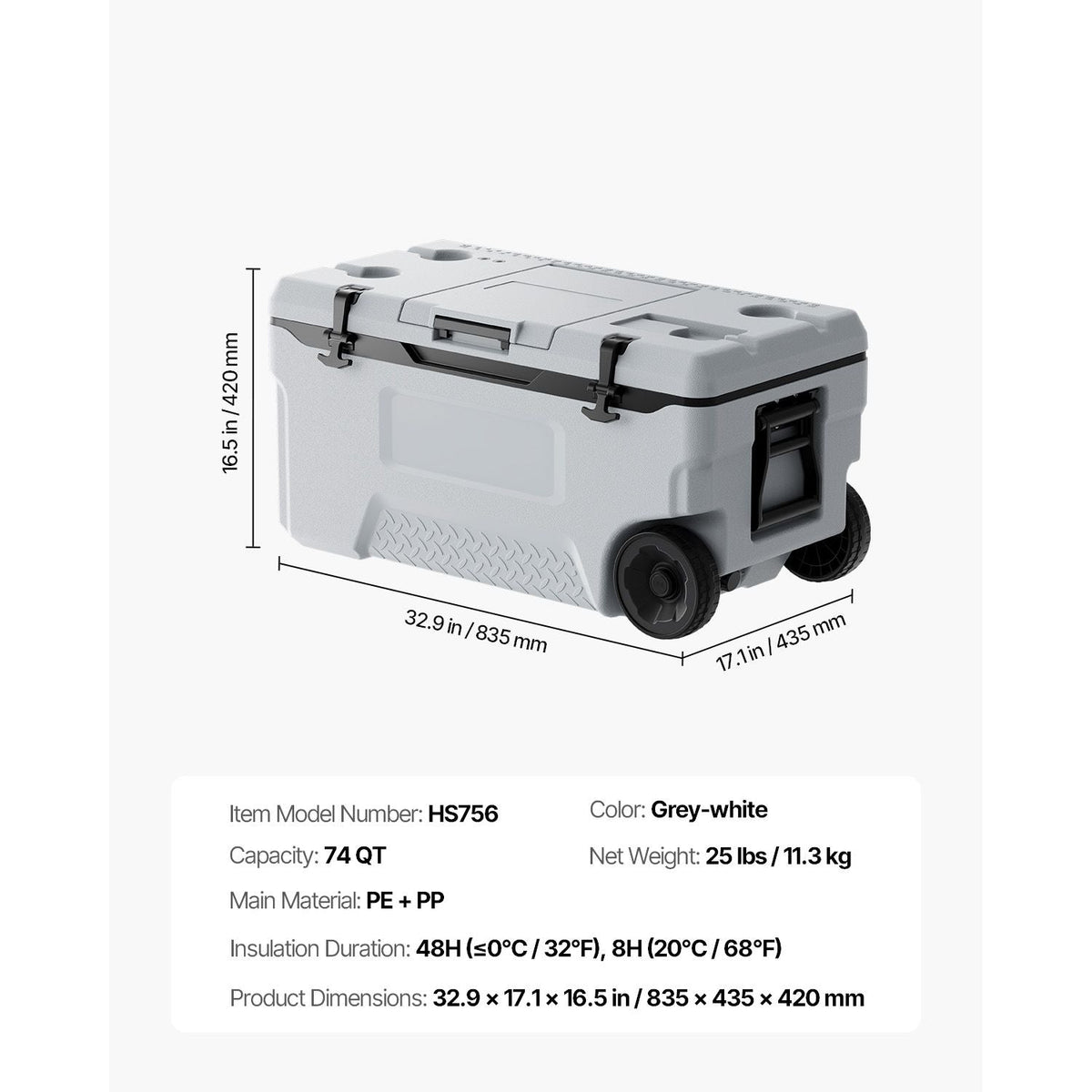 Portable Cooler, 74 QT Wheeled Cooler with Ice Retention, Heavy-Duty Handles and Cup Holder, Lightweight Rigid Material Insulated Portable Cooler, Suitable for Family Picnics and Long Trips