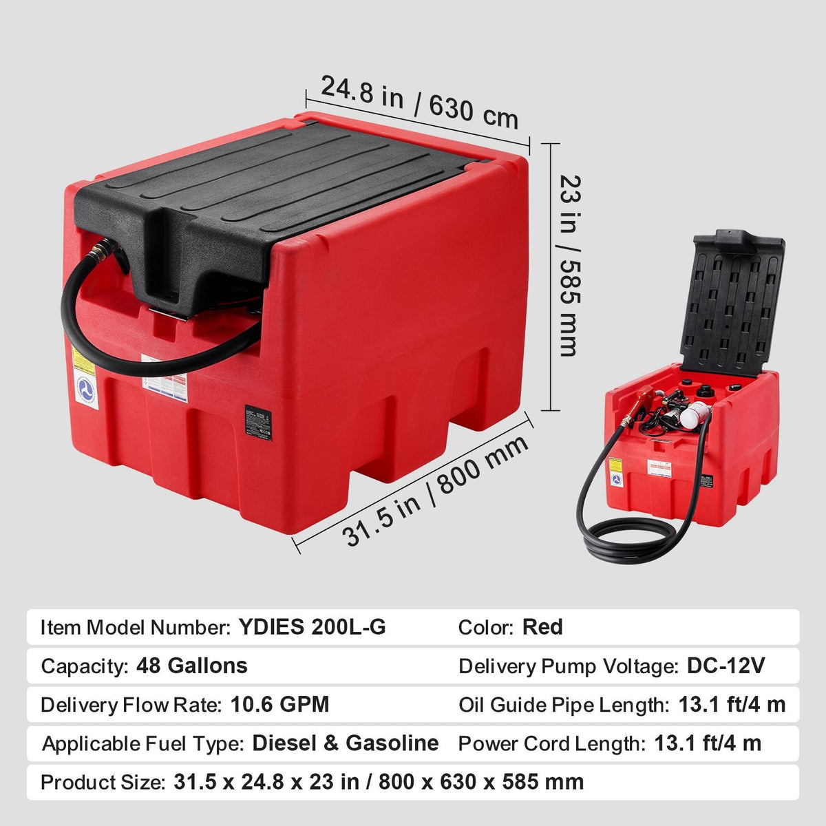 Portable Diesel & Gasoline Tank, 48 Gallon, 10.6GPM Flow Rate, Diesel Fuel Tank with 12V Electric Transfer Pump, 13.1ft Hose, Auto Fueling Nozzle, Transfer Tank for Easy Fuel Transportation, Red