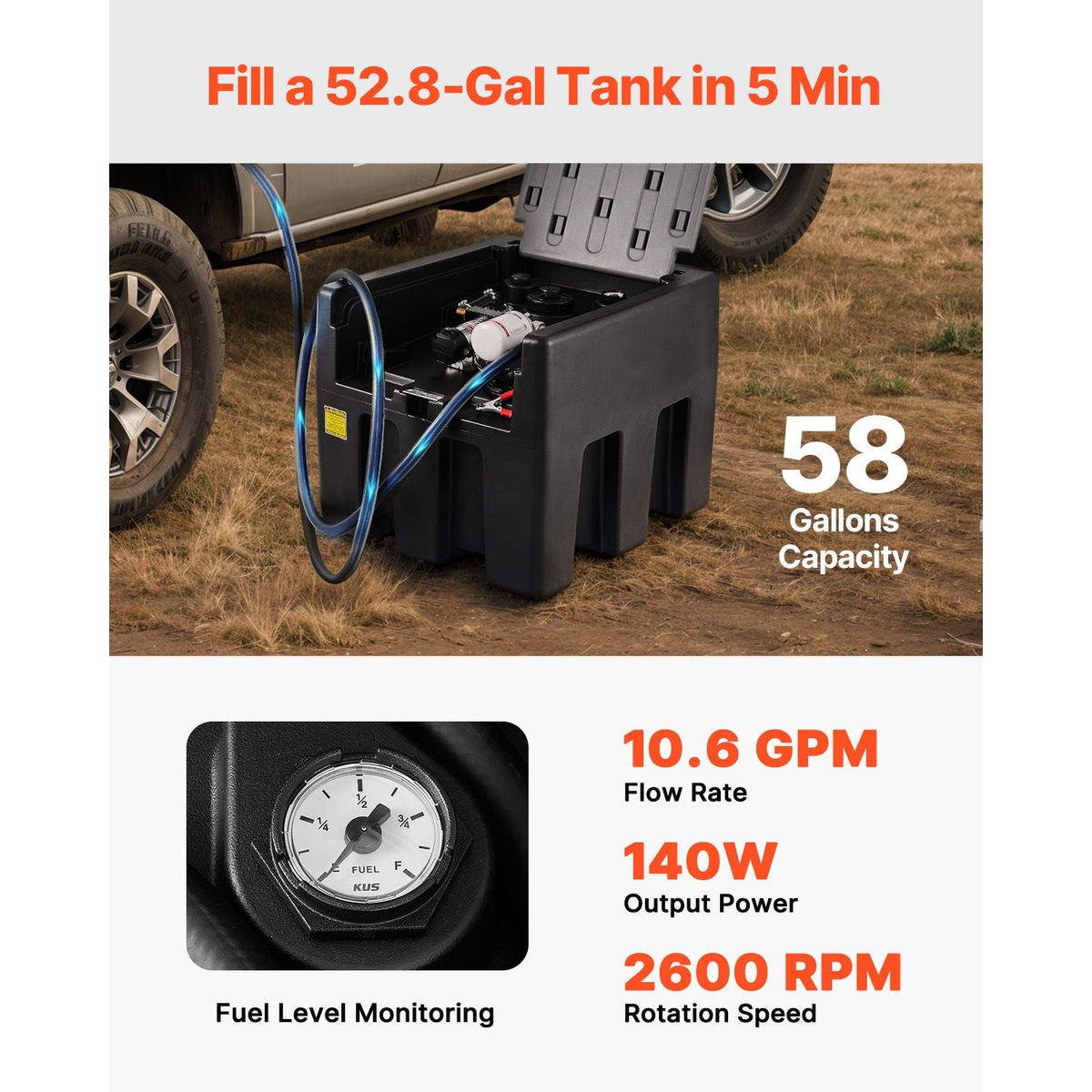 Portable Diesel Tank, 58 Gallon Capacity & 10 GPM Flow Rate, Diesel Fuel Tank with 12V Electric Transfer Pump and 13.1ft Rubber Hose, PE Diesel Transfer Tank for Easy Fuel Transportation, Black