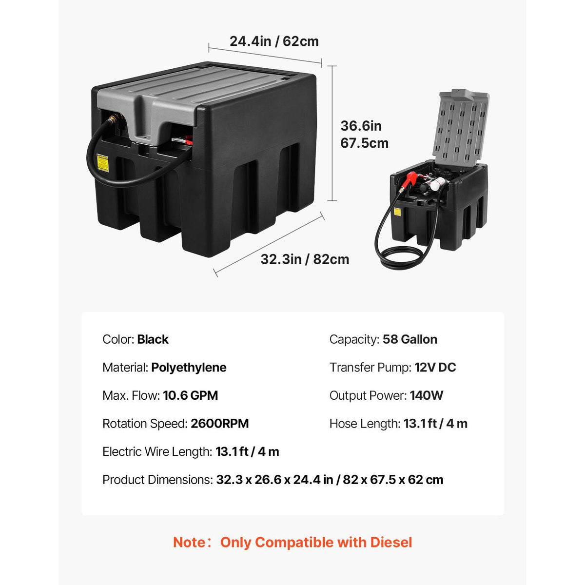 Portable Diesel Tank, 58 Gallon Capacity & 10 GPM Flow Rate, Diesel Fuel Tank with 12V Electric Transfer Pump and 13.1ft Rubber Hose, PE Diesel Transfer Tank for Easy Fuel Transportation, Black