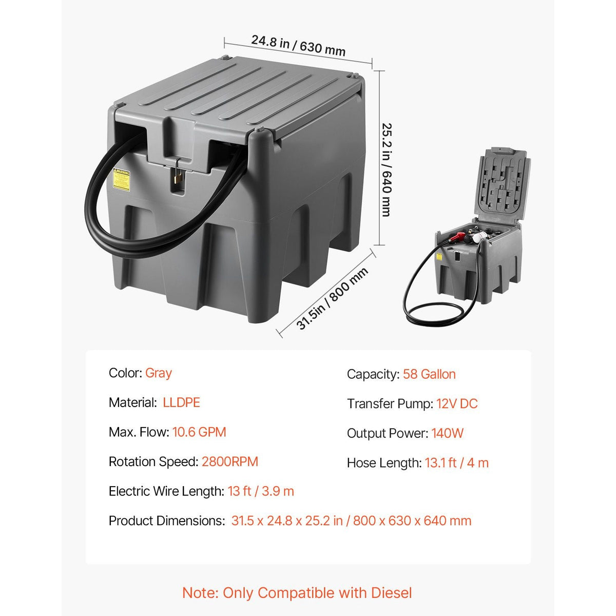 Portable Diesel Tank, 58 Gallon Capacity & 10 GPM Flow Rate, Fuel Tank with 12V Electric Transfer Pump and 13.1ft Rubber Hose, PE Diesel Transfer Tanks for Easy Fuel Transportation, Grey