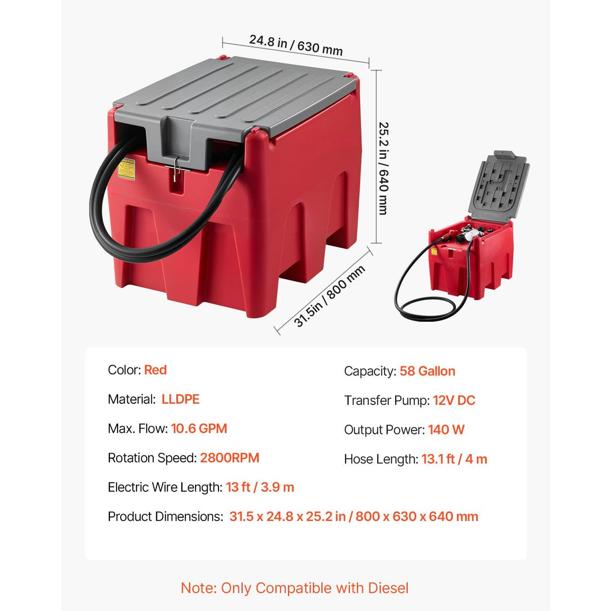 Portable Diesel Tank, 58 Gallon Capacity & 10.6 GPM Flow Rate, Fuel Tank with 12V Electric Transfer Pump and 13.1ft Rubber Hose, PE Diesel Transfer Tanks for Easy Fuel Transportation, Red