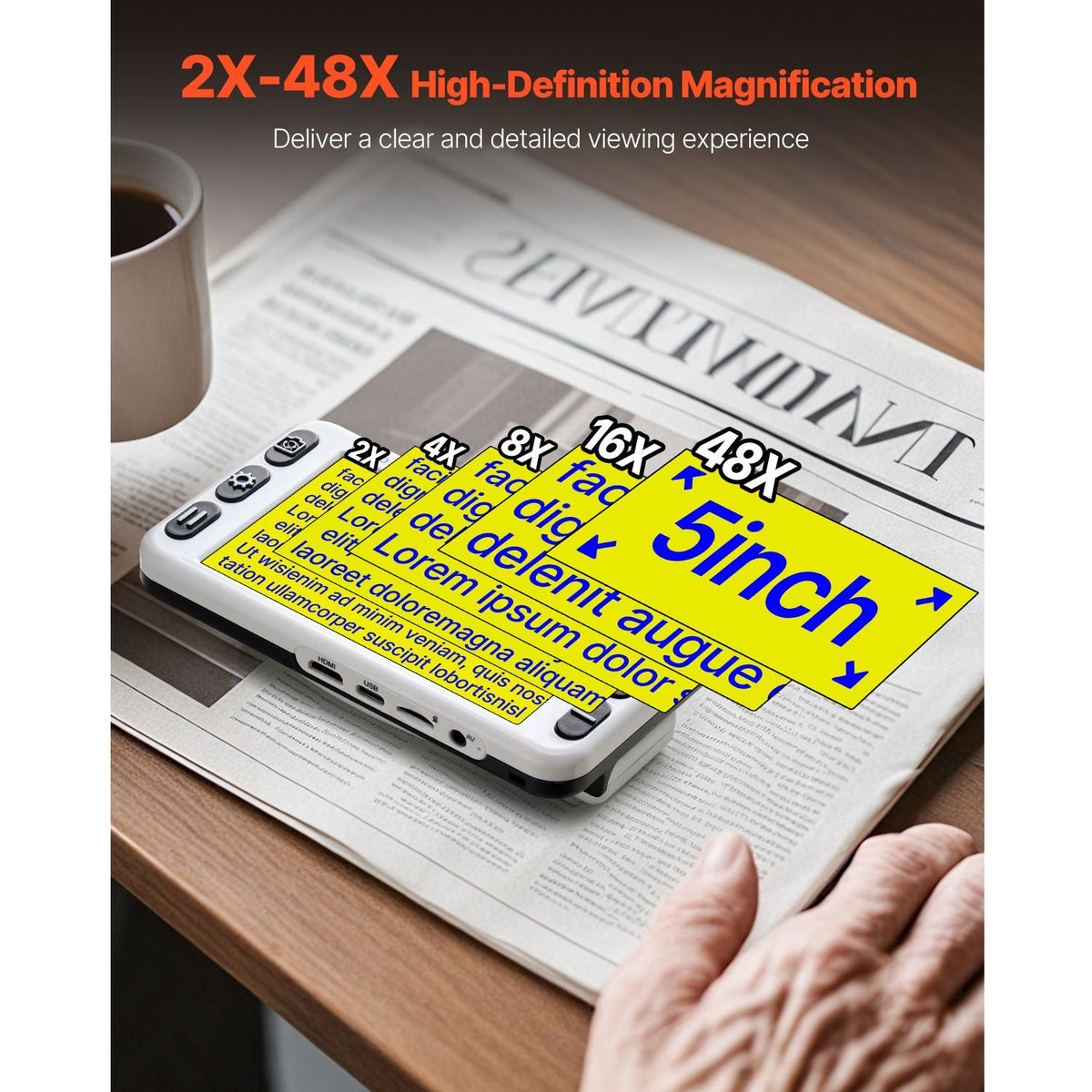 Portable Digital Magnifier, 5-inch HD Electronic Video Magnifier for Low Version, 2X - 48X Electronic Reading Aid with 13MP Near & Far Dual Lens, 26 Color Mode, AV/HDMI Output & Foldable Handle