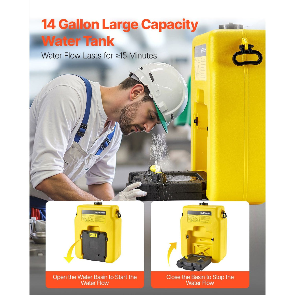 Portable Eye Wash Station 14 Gal, OSHA-Approved Eyewash Station Wall-Mounted/On Flat Surface, Emergency Eye Wash Unit with 2 Sprays, First Aid Eyewash Units for Schools, Labs, Factories, Yellow