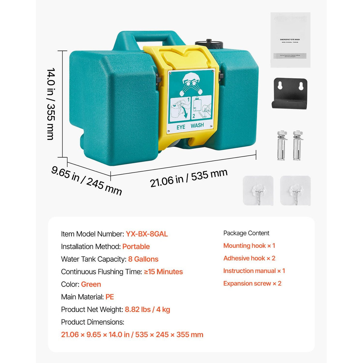 Portable Eye Wash Station 8 Gal, OSHA-Approved Eyewash Station Wall-Mounted/On Flat Surface, Emergency Eye Wash Unit with 2 Sprays, First Aid Eyewash Units for Schools, Labs, Factories, Green