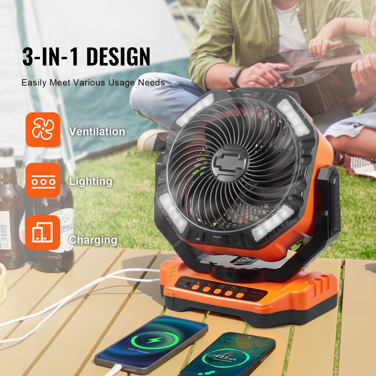 Portable Fan Rechargeable 13 inch, Battery Powered Fan with LED Lantern, 4 Speeds Adjustable & 45°/90°Automatic Swivel & Timer , USB Battery Operated Fans for Travel Bedroom Home Camping Office
