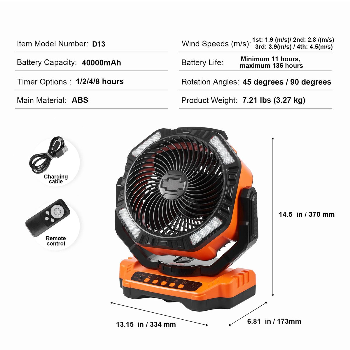 Portable Fan Rechargeable 13 inch, Battery Powered Fan with LED Lantern, 4 Speeds Adjustable & 45°/90°Automatic Swivel & Timer , USB Battery Operated Fans for Travel Bedroom Home Camping Office