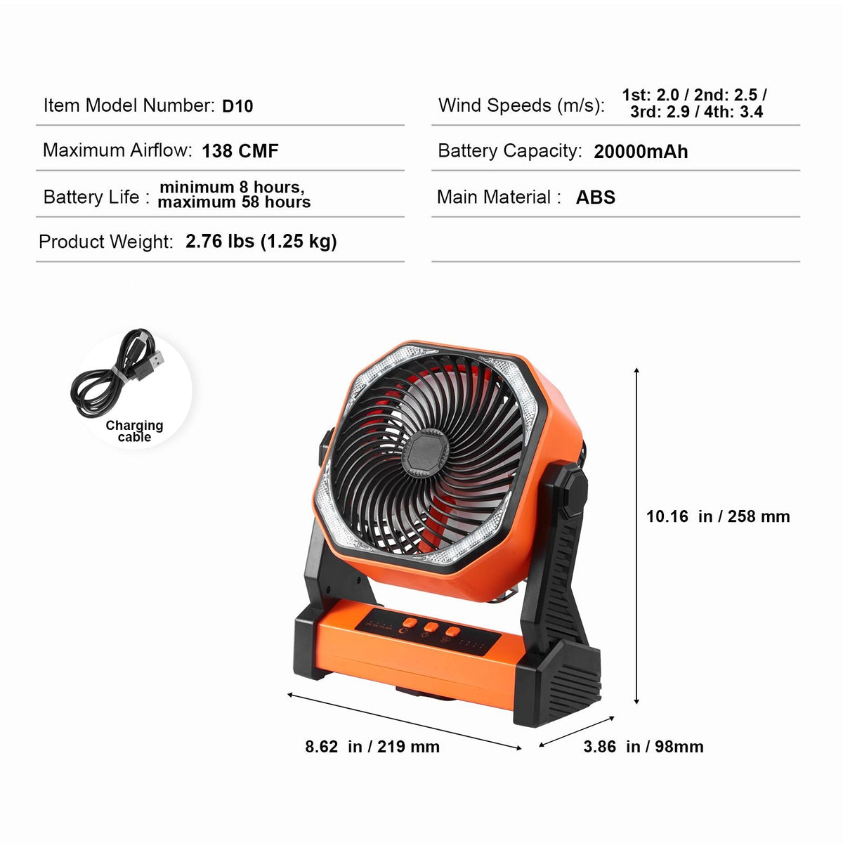 Portable Fan Rechargeable 8 inch, Battery Powered Fan with LED Lantern, 4 Speeds Adjustable Portable Small Table Fan Personal, USB Battery Operated Fans for Travel Bedroom Home Camping Office