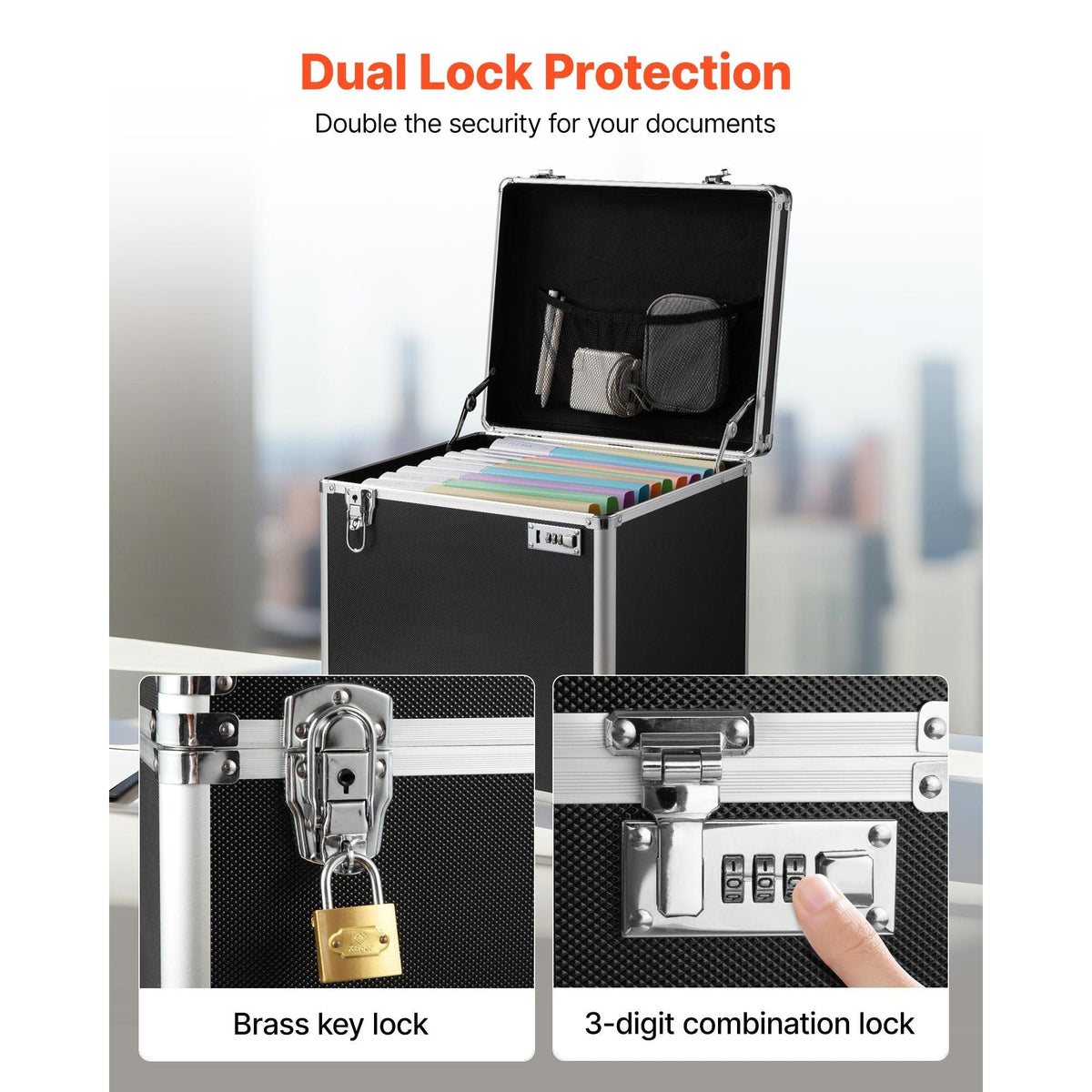 Portable File Storage Box, 15.6 x 12.6 x 15 inch Internal Chest Size, Locking Mobile Business Case with Telescopic Handle, Hand pull File Case for Office Home, Offices, Hospitals, Banks