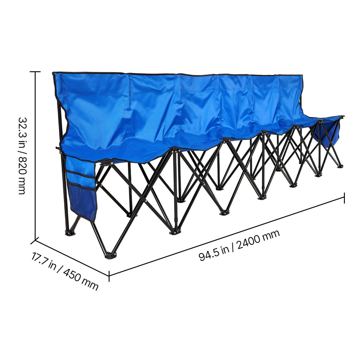 Portable Folding Bench, 6 Seat Foldable Soccer Bench with Side Pockets and Carrying Bag, Lightweight Sideline Seating with Back Rest for Football, Baseball, Camping, Outdoor Events, Blue
