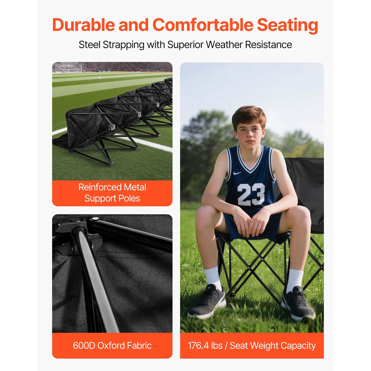 Portable Folding Bench, 6 Seat Soccer Bench with Multiple Storage Pockets & Carrying Bag, Lightweight Sideline Seating with Back Rest for Football, Baseball, Camping, Outdoor Events, Black