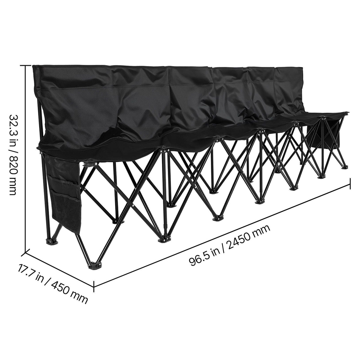 Portable Folding Bench, 6 Seat Soccer Bench with Multiple Storage Pockets & Carrying Bag, Lightweight Sideline Seating with Back Rest for Football, Baseball, Camping, Outdoor Events, Black
