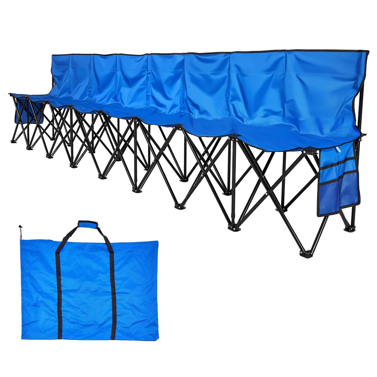 Portable Folding Bench, 8 Seat Foldable Soccer Bench with Side Pockets and Carrying Bag, Lightweight Sideline Seating with Back Rest for Football, Baseball, Camping, Outdoor Events, Blue