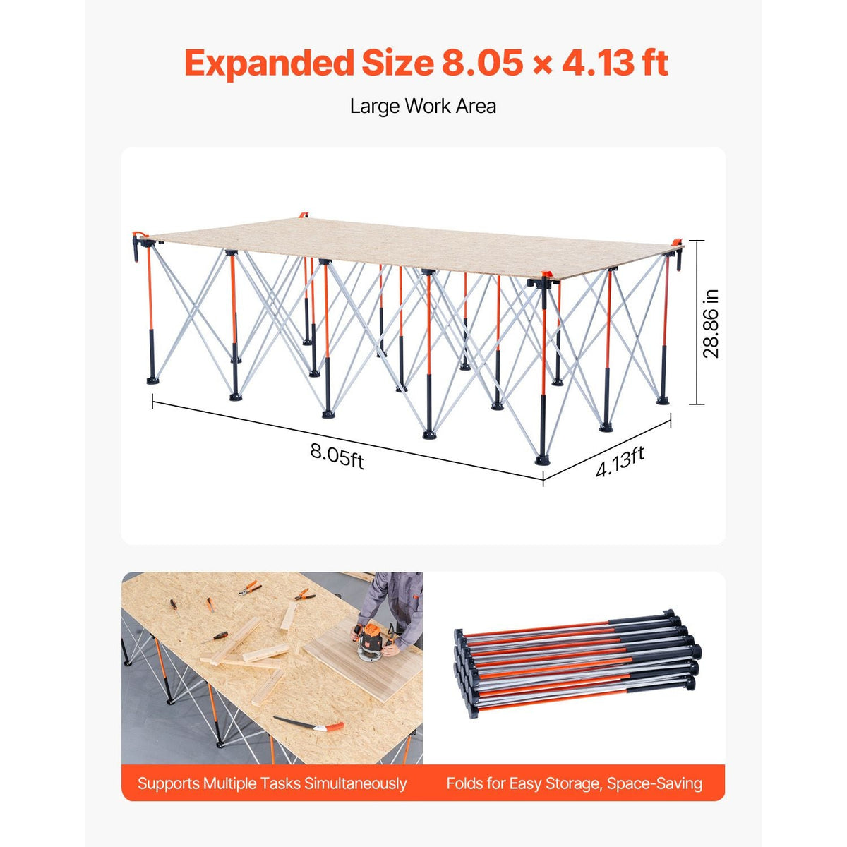 Portable Folding Workstand, 8.05 x 4.13 ft Collapsible Workbench, 6000 lbs Weight Capacity, No Assembly Foldable Work Stand with Storage Bag, Table Top NOT Included, for Garage Workshop Outdoor