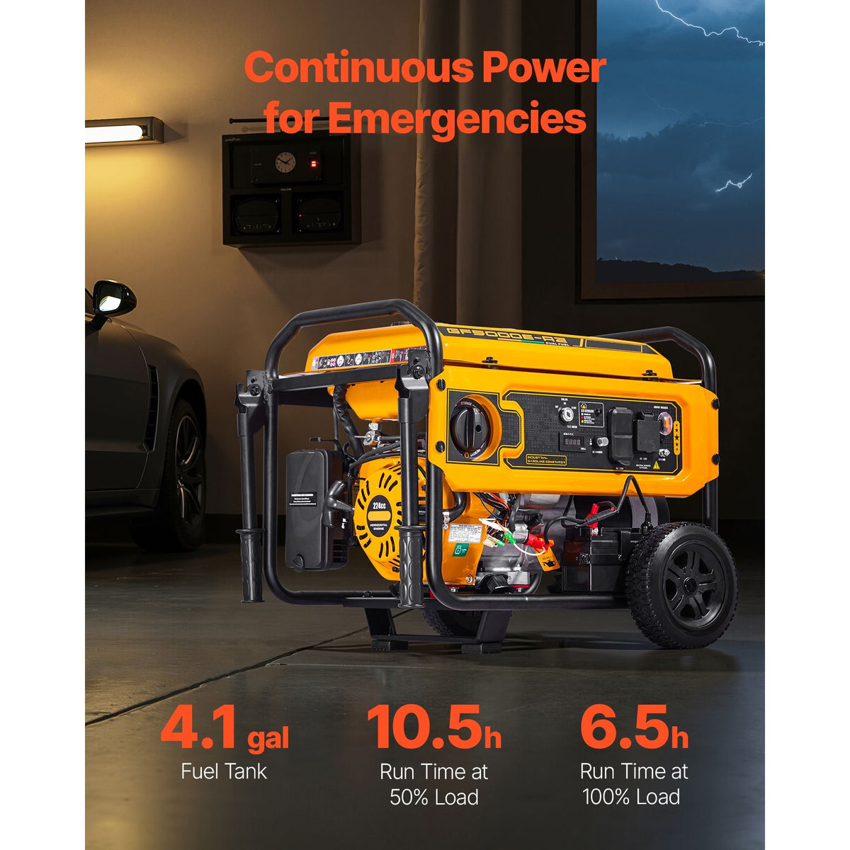 Portable Generator, Gasoline 4650W Peak Watt & LPG 4130W Peak Watt Dual Fuel Generator, Home Backup Generators with Electric Start, Gasoline & LPG Powered, CO Sensor, 20A & 50A Outlets