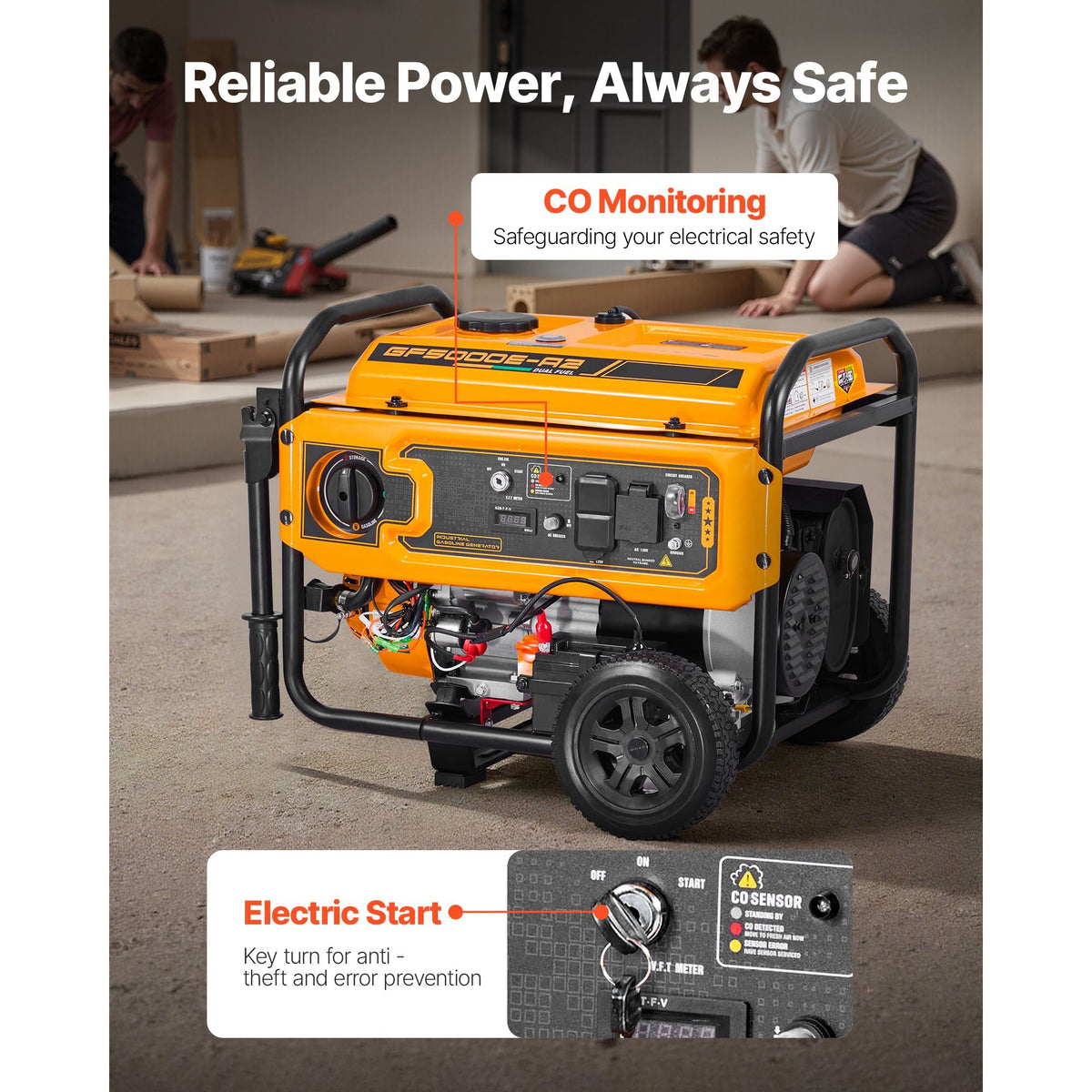 Portable Generator, Gasoline 4650W Peak Watt & LPG 4130W Peak Watt Dual Fuel Generator, Home Backup Generators with Electric Start, Gasoline & LPG Powered, CO Sensor, 20A & 50A Outlets