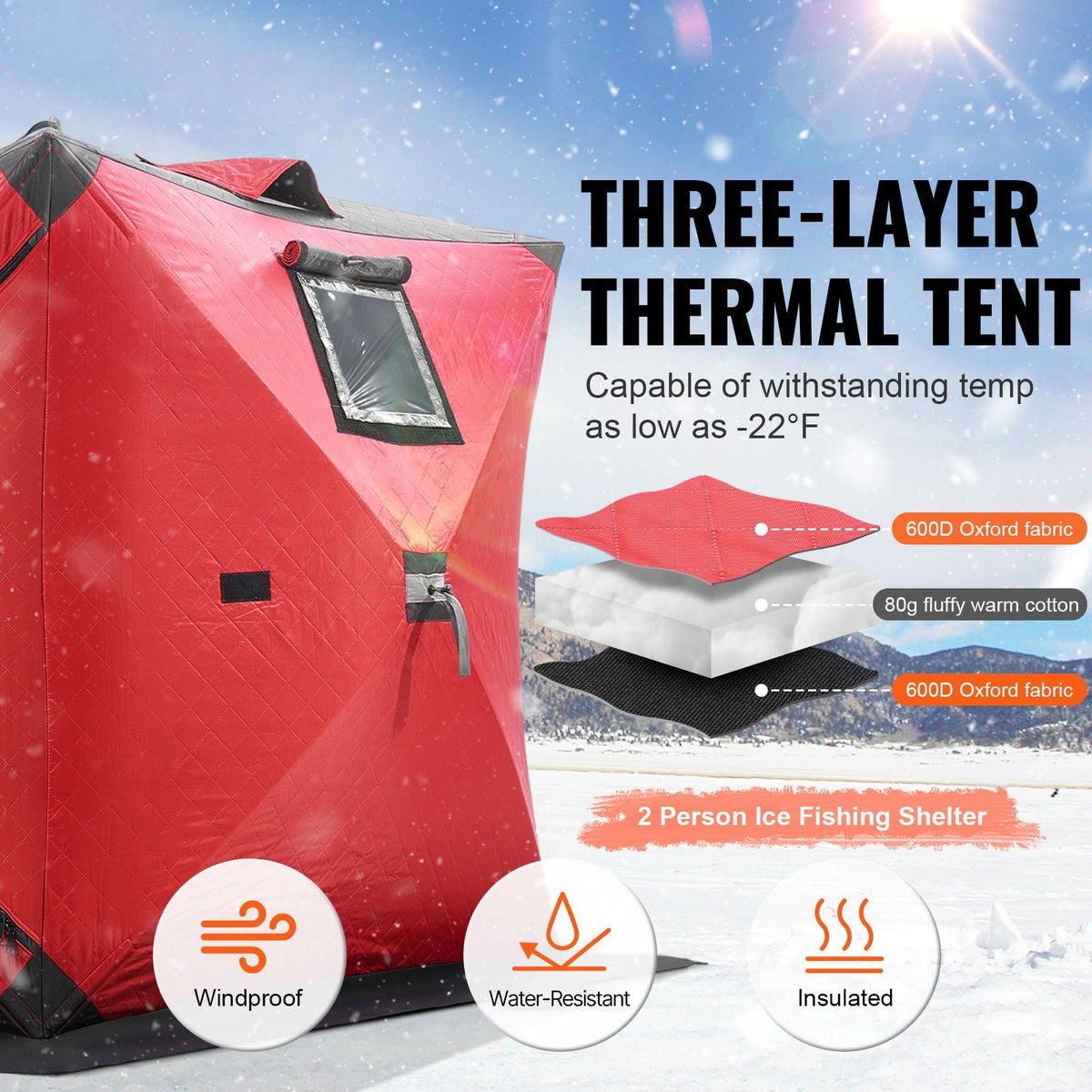 Portable Ice Shelter, 1-2 Person Insulated Pop-Up Ice Fishing Tent, 24 Square Feet Fishable Area, Thermal Ice Shanty for Winter Fishing, Ice Cube with Anchors, Ropes, Carrying Bag, 60"x60", Red