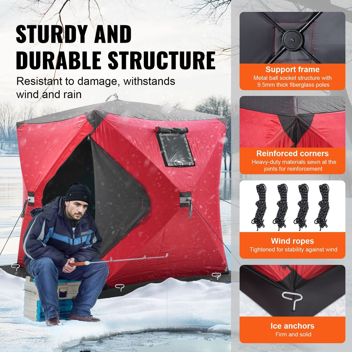 Portable Ice Shelter, 1-2 Person Insulated Pop-Up Ice Fishing Tent, 24 Square Feet Fishable Area, Thermal Ice Shanty for Winter Fishing, Ice Cube with Anchors, Ropes, Carrying Bag, 60"x60", Red