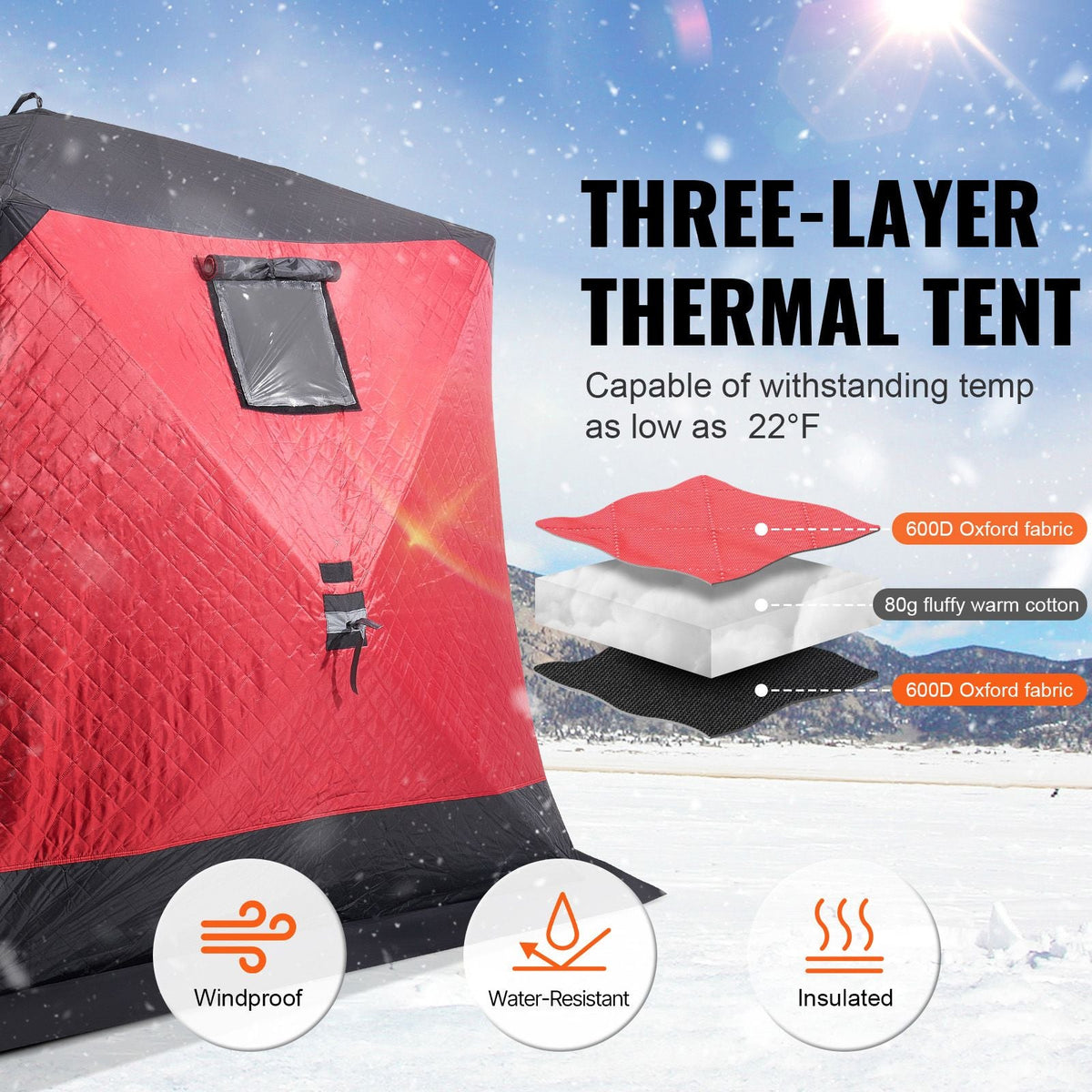 Portable Ice Shelter, 4-6 Person Insulated Pop-Up Ice Fishing Tent, 50 Square Feet Fishable Area, Thermal Ice Shanty for Winter Fishing, Ice Cube with Anchors, Ropes, Carrying Bag, 130"x130"