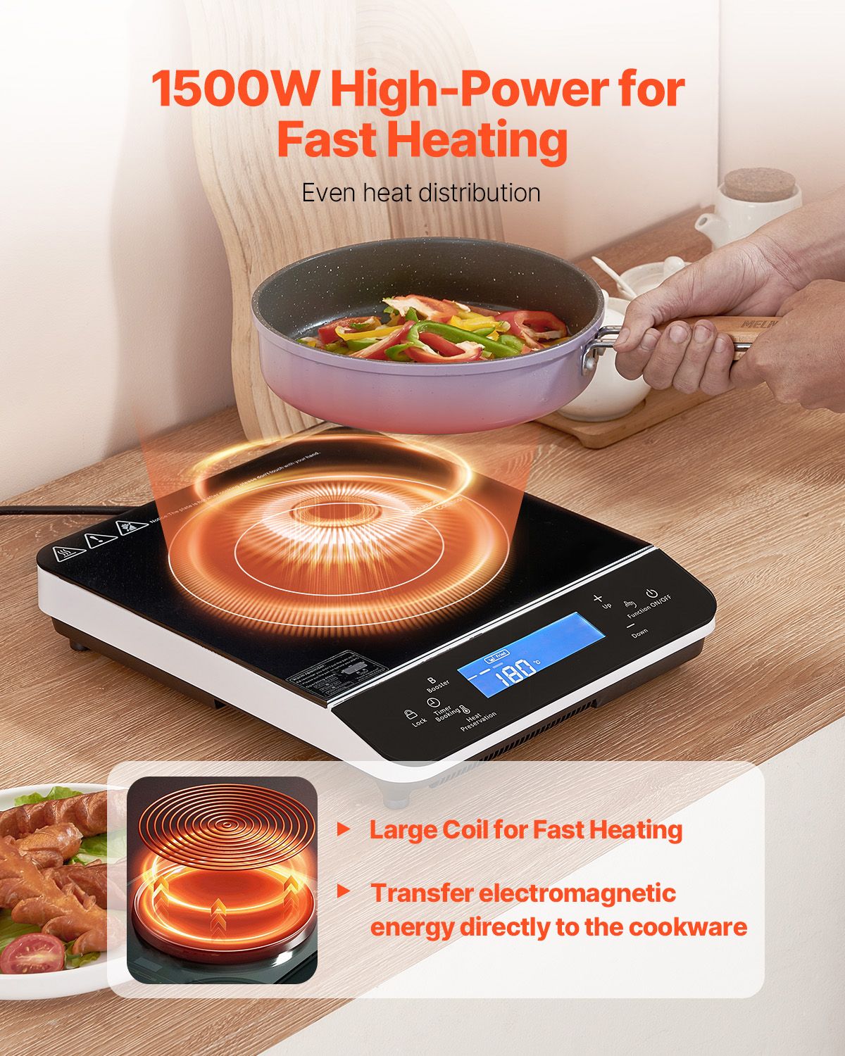 Portable Induction Cooktop, 1500W Electric Induction Burner with 9 Temperature Settings, Countertop Induction Hot Plate with 4H Timer, 24H Reservation, Child Lock, Easy to Clean, for Cooking