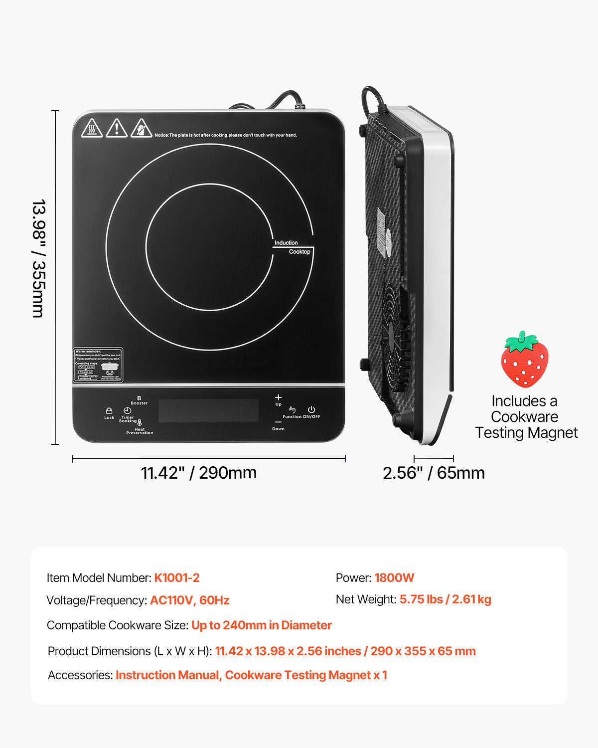 Portable Induction Cooktop, 1800W Electric Induction Burner with 9 Temperature Settings, Countertop Induction Hot Plate with 4H Timer, 24H Reservation, Child Lock, Easy to Clean, for Cooking