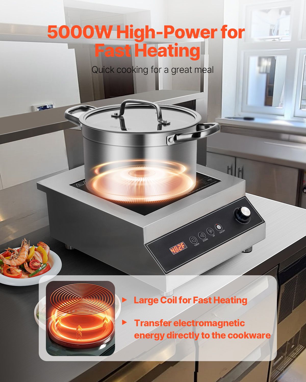 Portable Induction Cooktop, 5000W Commercial Induction Burner with 16 Temperature Settings, Stainless Steel Countertop Induction Hot Plate with 4H Timer, Child Lock, for Restaurant Cooking