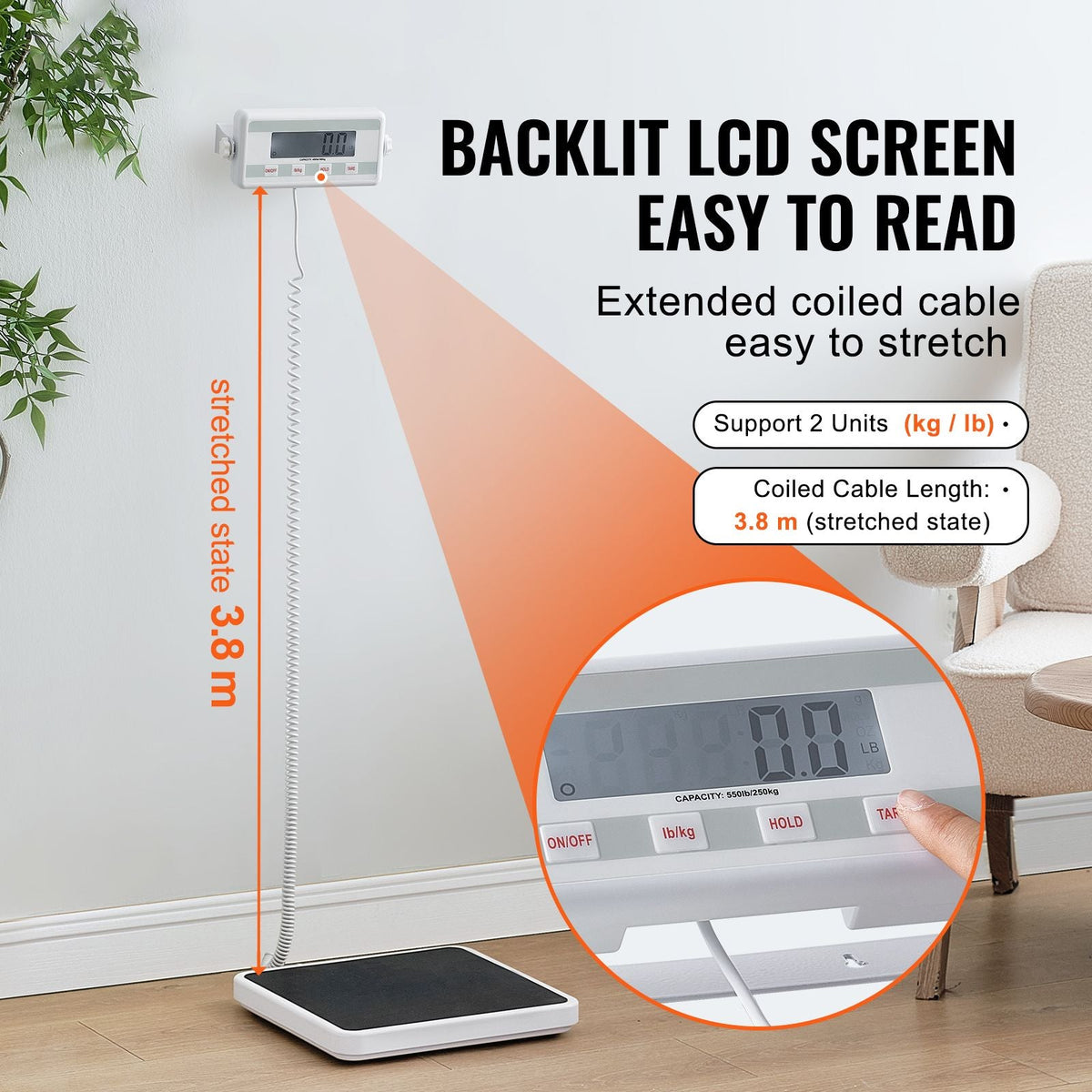Portable Medical Scale, Professional Digital Physician Scale for Weighing - with Anti-Slip Mat, 2 Units (kg/lb), Hold & Tare Function, 550LBS Capacity Physician Wight Scale for Gym Home Hospital