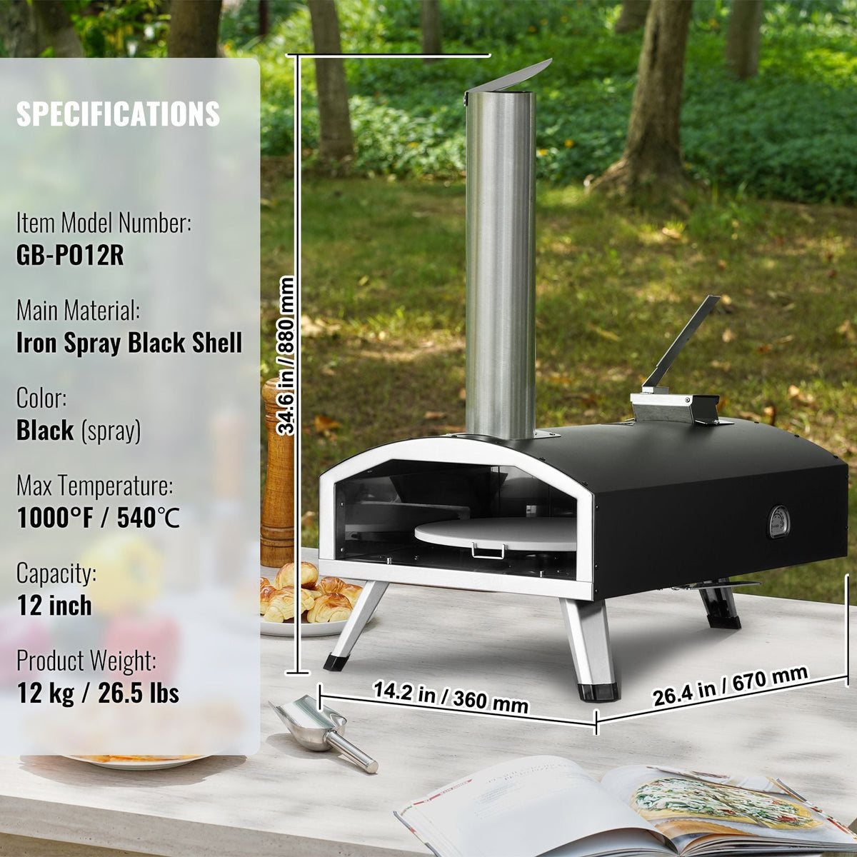 Portable Outdoor Oven, 12-inch Pizza Oven, Pellet & Chips & Charcoal Tri-Fuel, Iron Spray Pizza Grill, Includes 210° Rotatable Pizza Stone, Scoop, Ideal for Camping & Backyard, Black